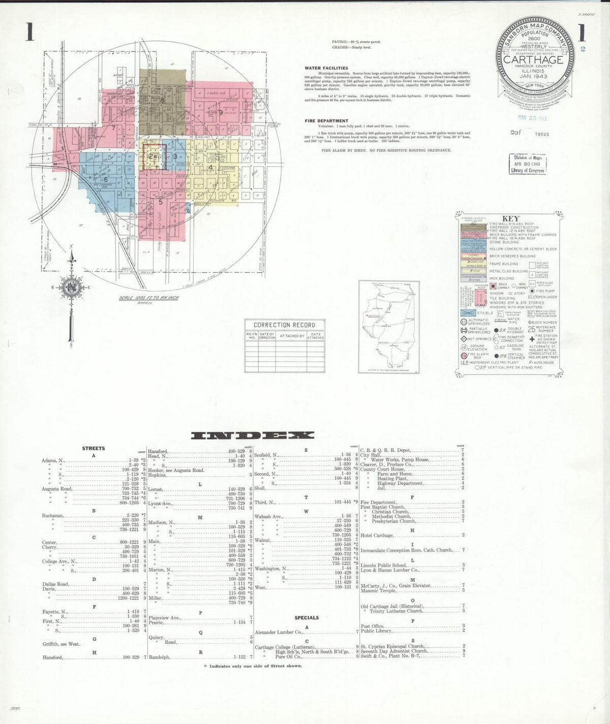 Sanborn Fire Insurance Map from Carthage, Hancock County, Illinois (1943), Sheet #0001 - Historic Sanborn Fire Insurance Map Print, vintage old map wall art, antique decor, genealogy gift, Illinois Illinois map
