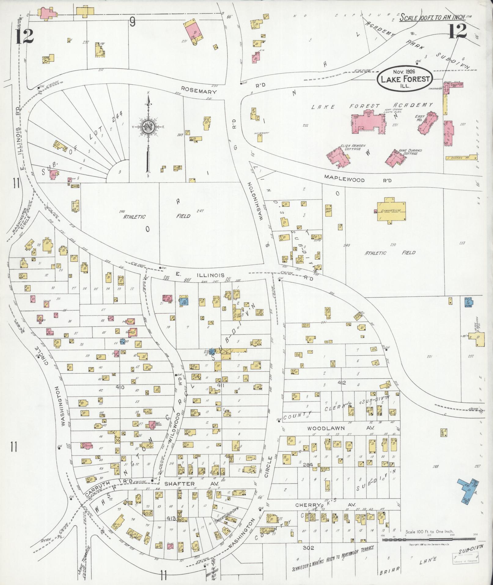 Sanborn Fire Insurance Map from Lake Forest, Lake County, Illinois (1926), Sheet #0012 - Complete Map Set gallery image, historic Sanborn map, vintage wall art, Illinois Illinois