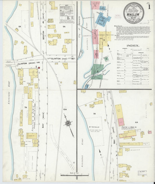 Sanborn Fire Insurance Map from Winslow, Kennebec County, Maine (1911), Sheet #0001 - Historic Sanborn Fire Insurance Map Print, vintage old map wall art, antique decor, genealogy gift, Maine Maine map