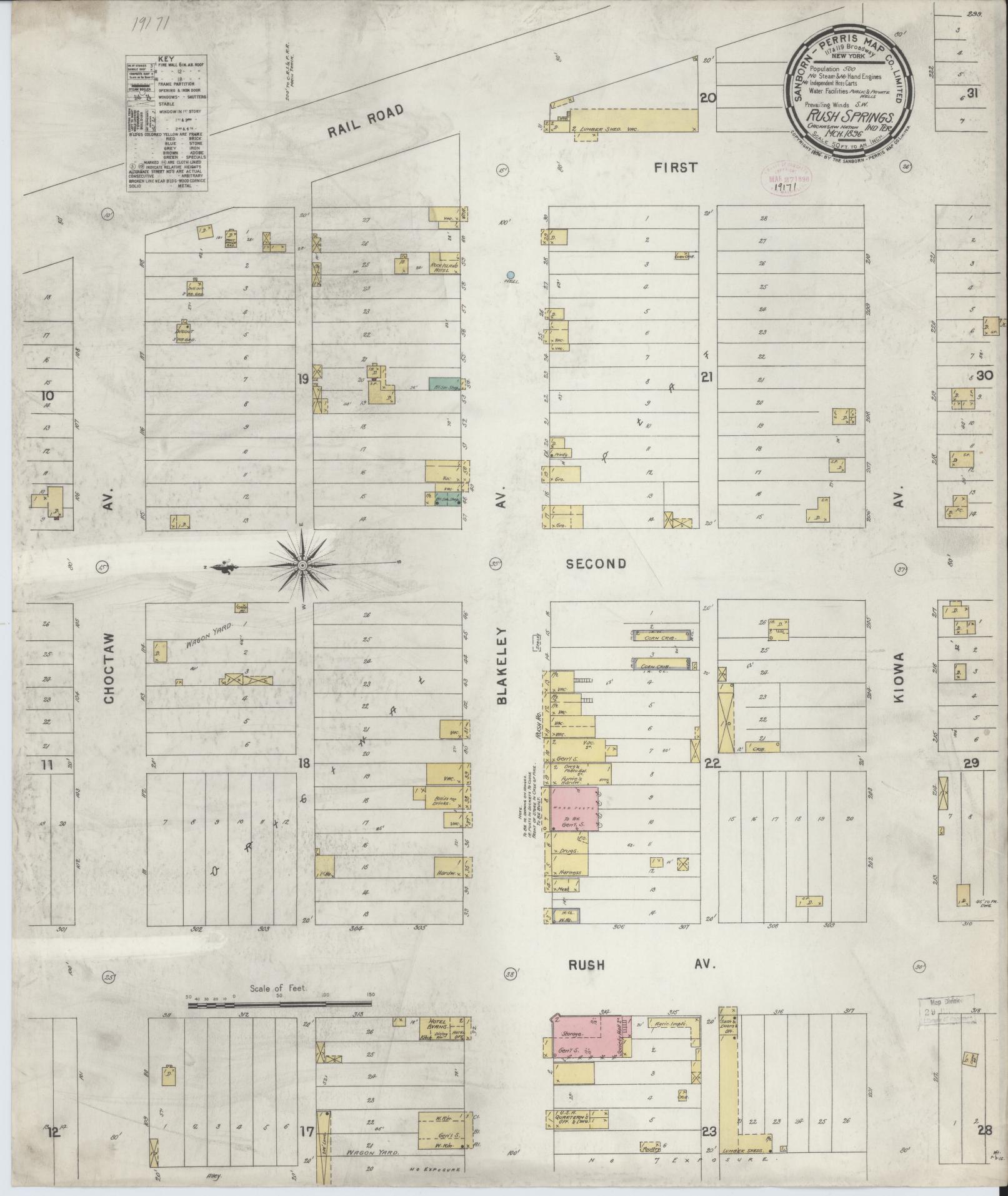 Sanborn Fire Insurance Map from Rush Springs, Grady County, Oklahoma (1896), Sheet #0001 - Historic Sanborn Fire Insurance Map Print, vintage old map wall art, antique decor, genealogy gift, Oklahoma Oklahoma map
