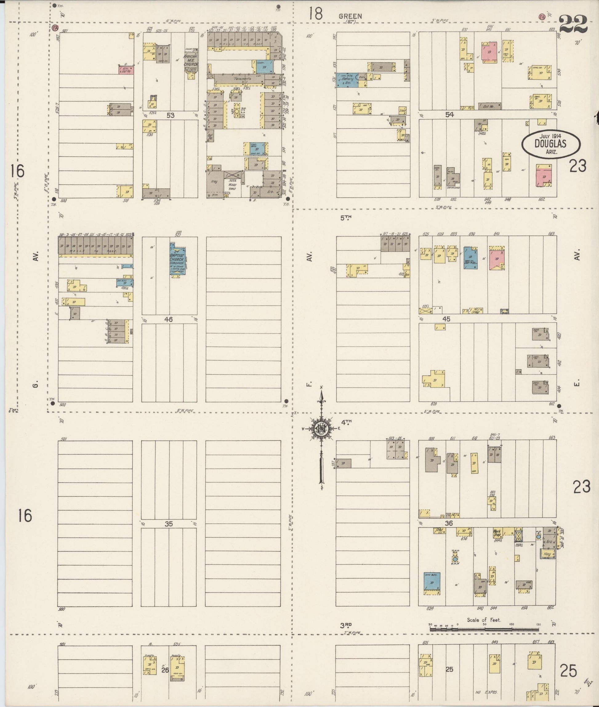 Sanborn Fire Insurance Map from Douglas, Cochise County, Arizona (1914), Sheet #0022 - Complete Map Set gallery image, historic Sanborn map, vintage wall art, Arizona Arizona