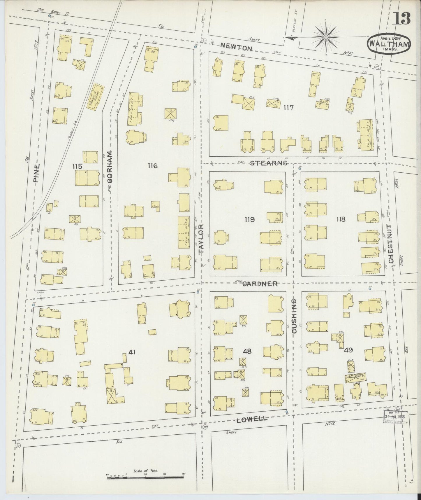 Sanborn Fire Insurance Map from Waltham, Middlesex County, Massachusetts (1892), Sheet #0013 - Historic Sanborn Fire Insurance Map Print, vintage old map wall art, antique decor, genealogy gift, Massachusetts Massachusetts map