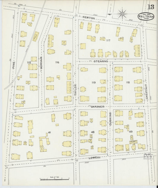 Sanborn Fire Insurance Map from Waltham, Middlesex County, Massachusetts (1892), Sheet #0013 - Historic Sanborn Fire Insurance Map Print, vintage old map wall art, antique decor, genealogy gift, Massachusetts Massachusetts map