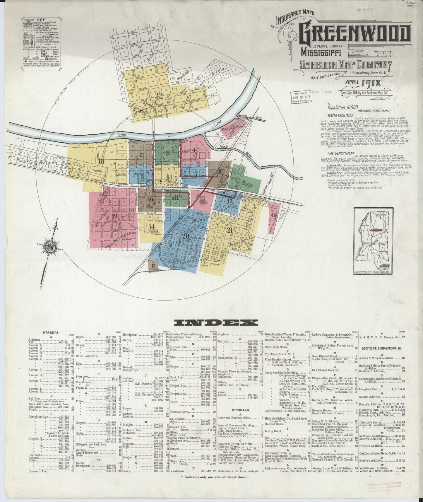 Sanborn Fire Insurance Map from Greenwood, Leflore County, Mississippi (1918), Sheet #0001 - Complete Map Set gallery image, historic Sanborn map, vintage wall art, Mississippi Mississippi