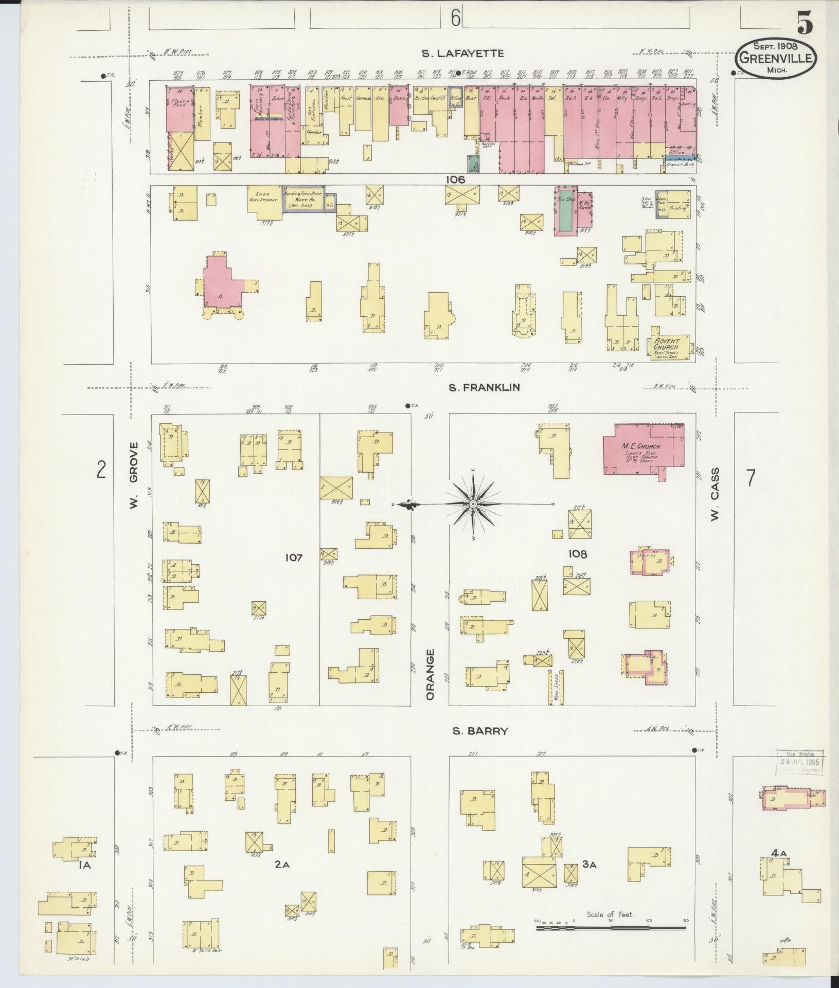 Sanborn Fire Insurance Map from Greenville, Montcalm County, Michigan (1908), Sheet #0005 - Complete Map Set gallery image, historic Sanborn map, vintage wall art, Michigan Michigan