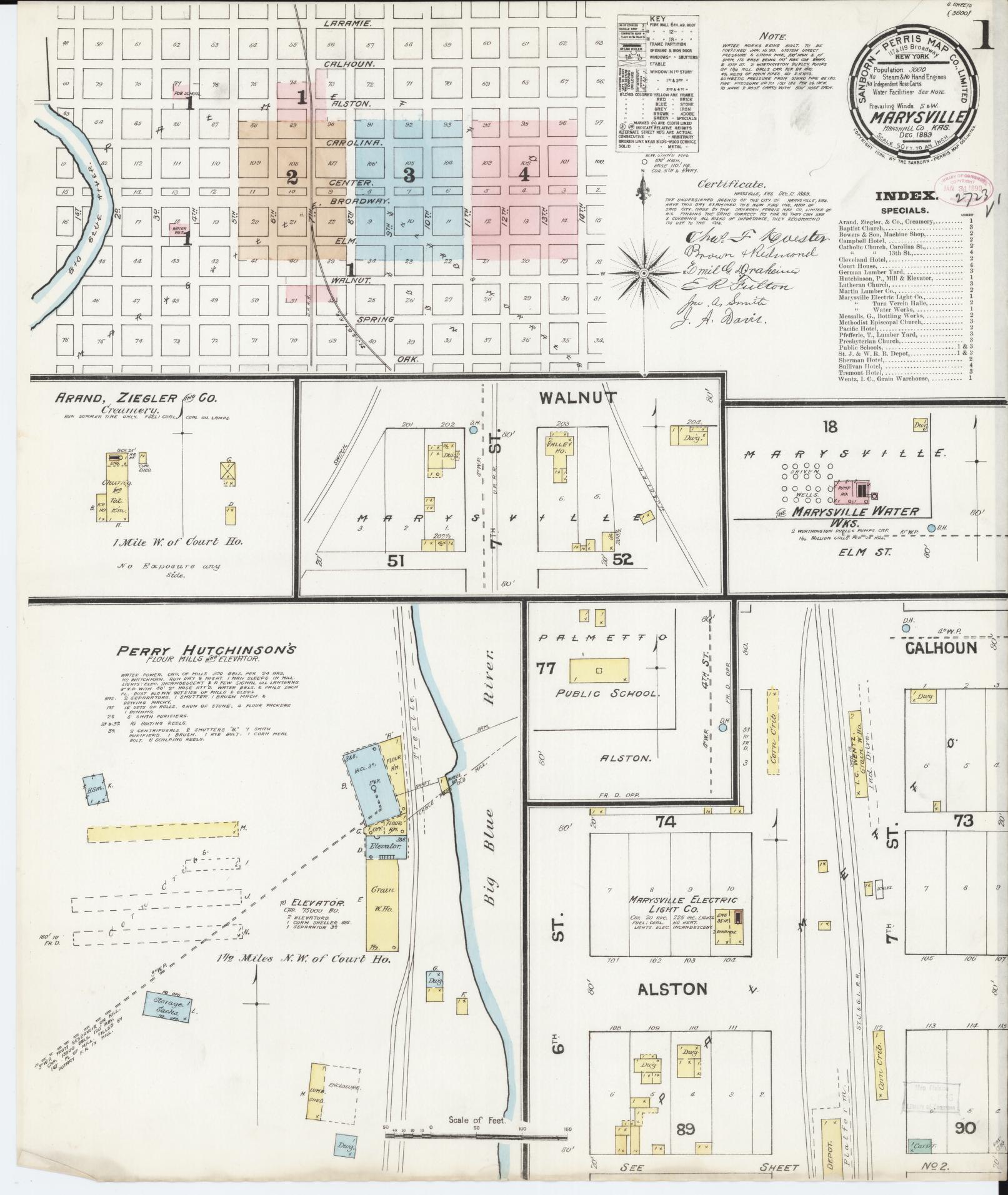 Sanborn Fire Insurance Map from Marysville, Marshall County, Kansas (1889), Sheet #0001 - Historic Sanborn Fire Insurance Map Print, vintage old map wall art, antique decor, genealogy gift, Kansas Kansas map