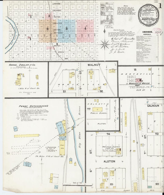 Sanborn Fire Insurance Map from Marysville, Marshall County, Kansas (1889), Sheet #0001 - Historic Sanborn Fire Insurance Map Print, vintage old map wall art, antique decor, genealogy gift, Kansas Kansas map