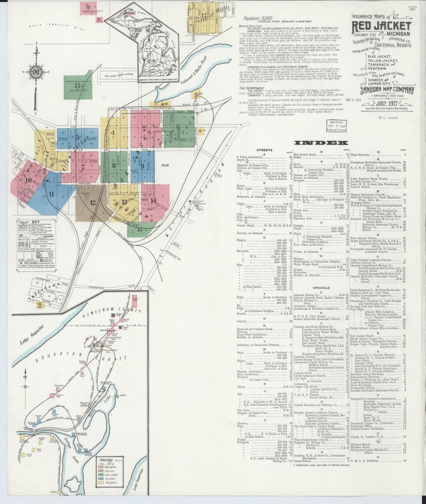 Sanborn Fire Insurance Map from Red Jacket, Houghton County, Michigan (1917), Sheet #0001 - Complete Map Set gallery image, historic Sanborn map, vintage wall art, Michigan Michigan