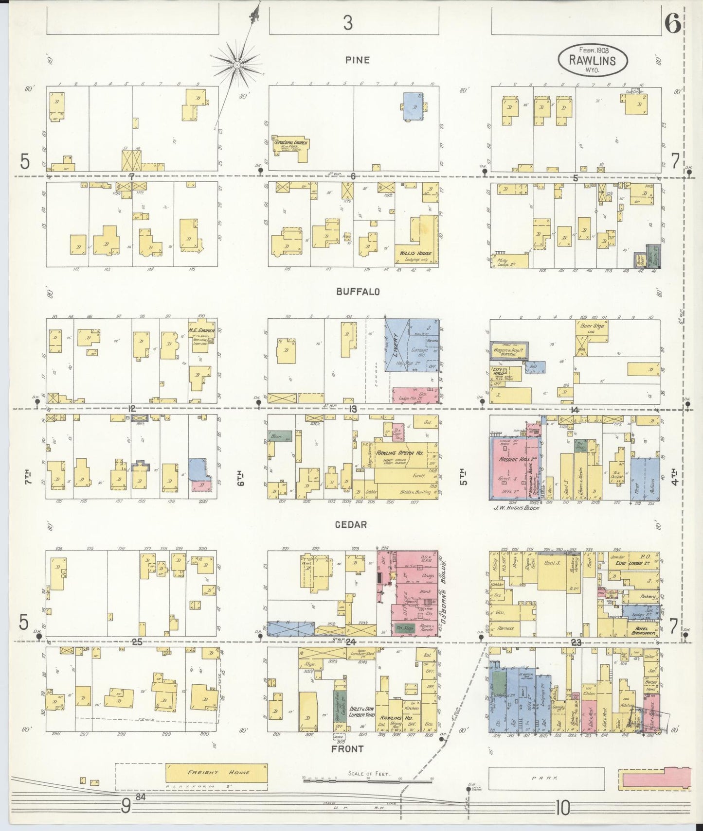 Sanborn Fire Insurance Map from Rawlins, Carbon County, Wyoming (1903), Sheet #0006 - Historic Sanborn Fire Insurance Map Print, vintage old map wall art, antique decor, genealogy gift, Wyoming Wyoming map