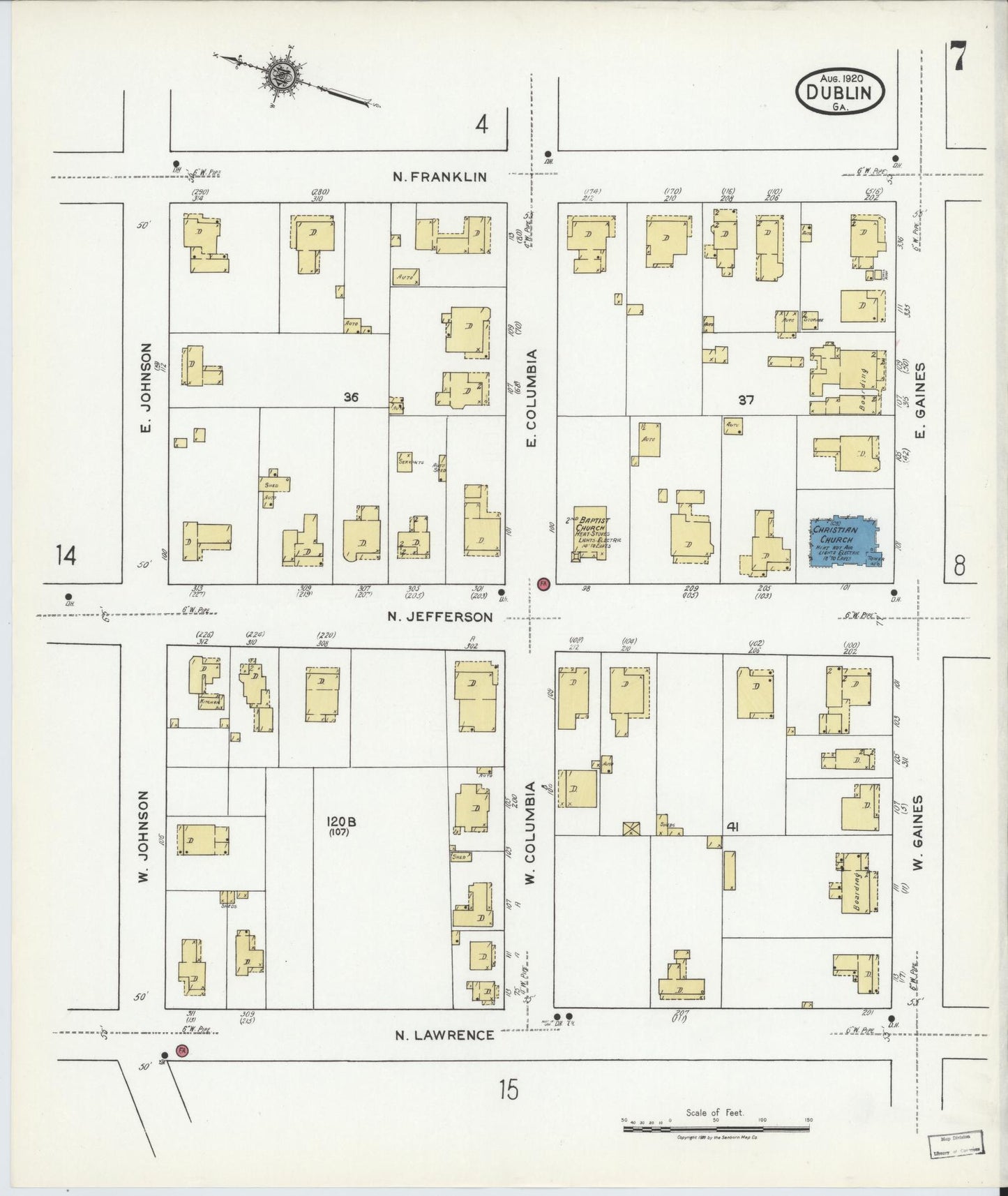 Sanborn Fire Insurance Map from Dublin, Laurens County, Georgia (1920), Sheet #0007 - Historic Sanborn Fire Insurance Map Print, vintage old map wall art, antique decor, genealogy gift, Georgia Georgia map