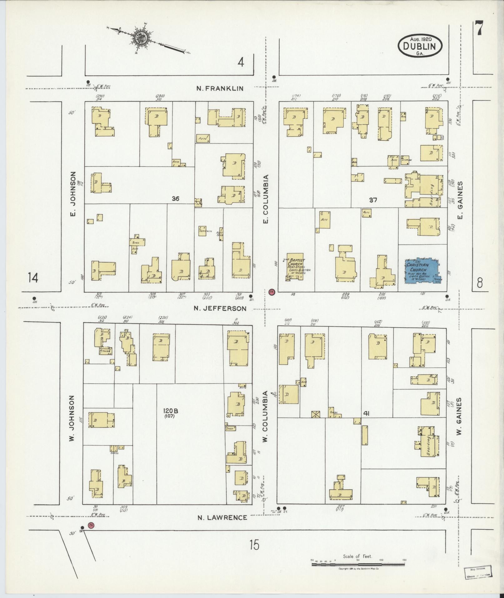 Sanborn Fire Insurance Map from Dublin, Laurens County, Georgia (1920), Sheet #0007 - Historic Sanborn Fire Insurance Map Print, vintage old map wall art, antique decor, genealogy gift, Georgia Georgia map