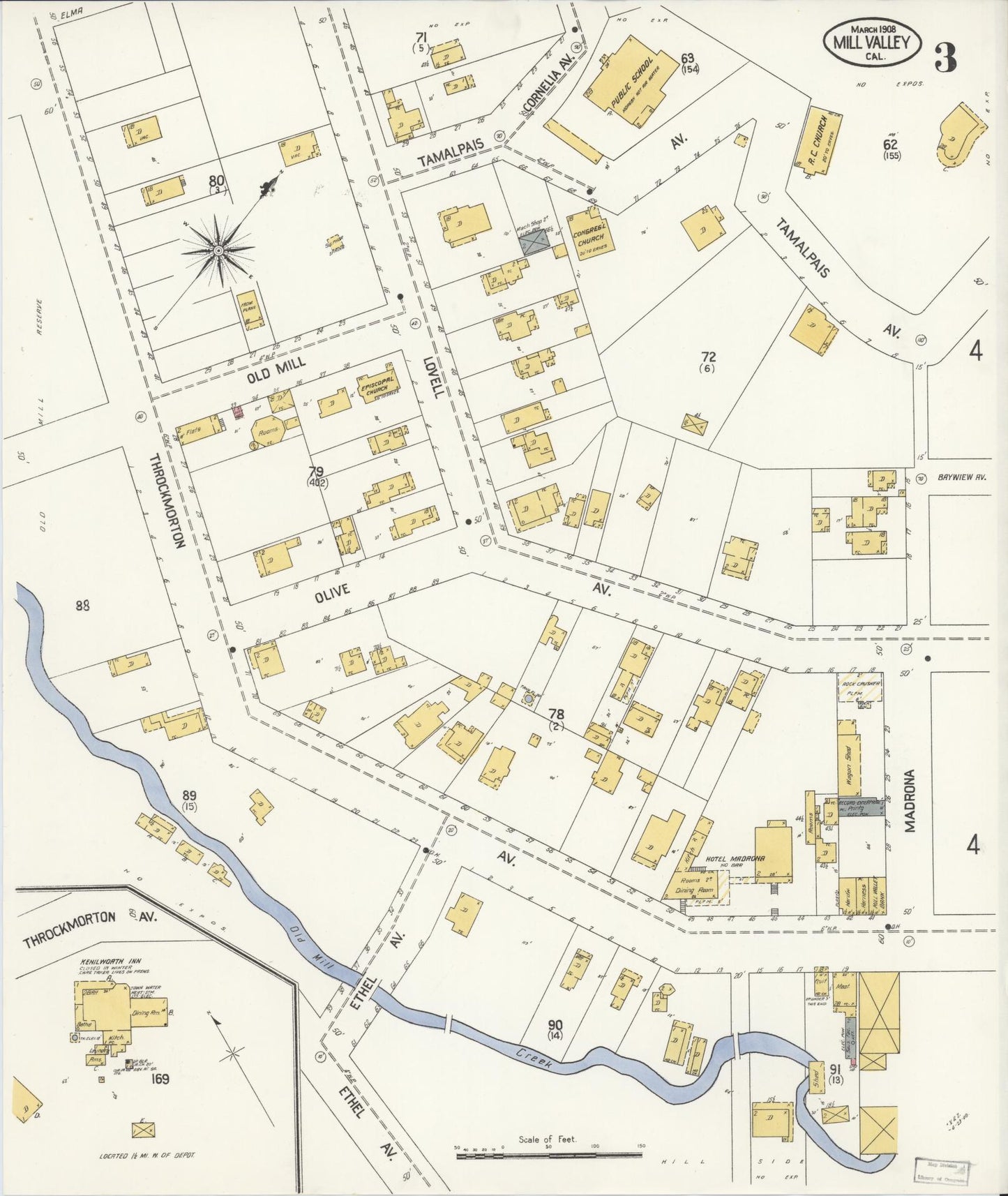 Sanborn Fire Insurance Map from Mill Valley, Marin County, California (1908), Sheet #0003 - Historic Sanborn Fire Insurance Map Print, vintage old map wall art, antique decor, genealogy gift, California California map