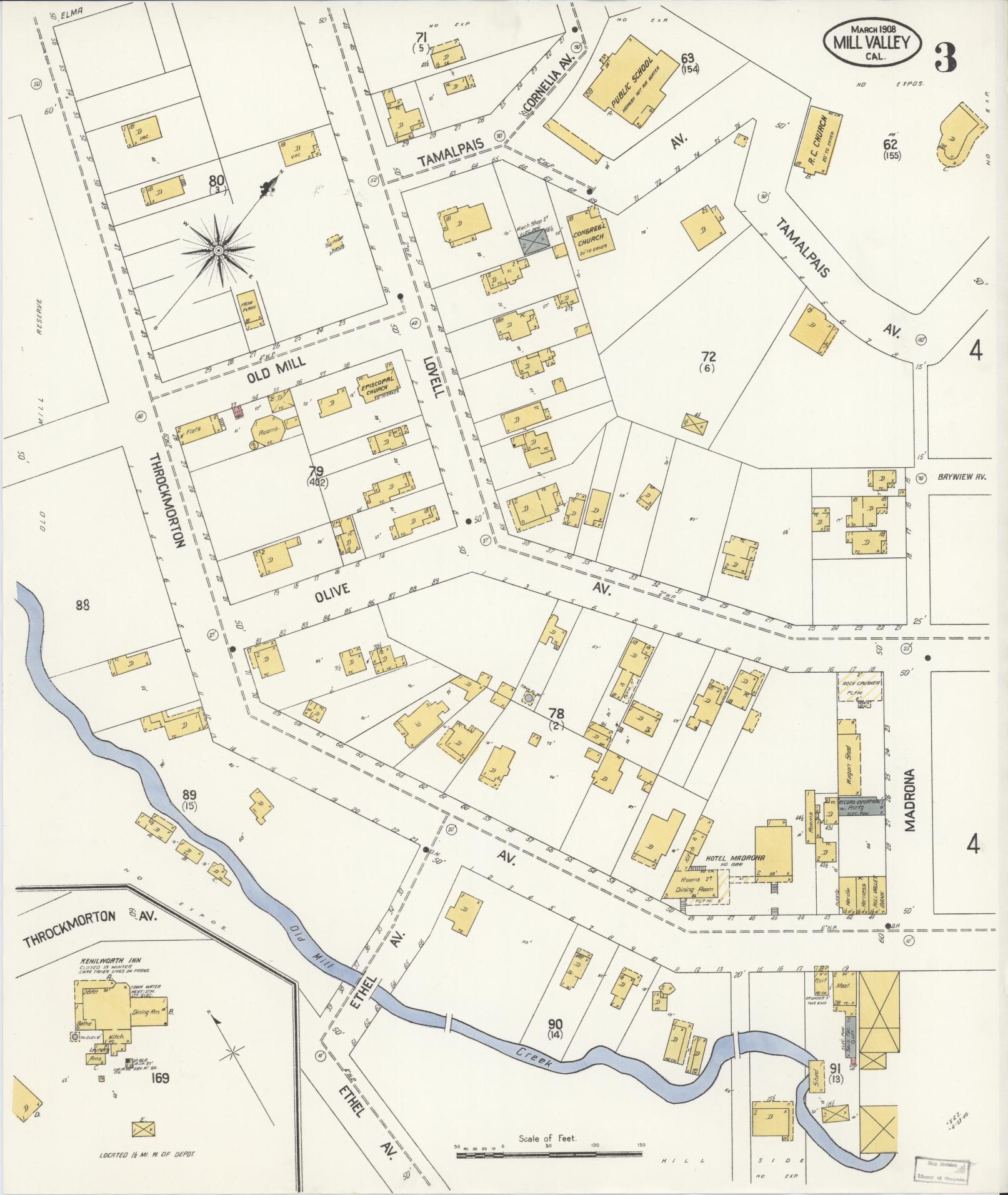 Sanborn Fire Insurance Map from Mill Valley, Marin County, California (1908), Sheet #0003 - Historic Sanborn Fire Insurance Map Print, vintage old map wall art, antique decor, genealogy gift, California California map