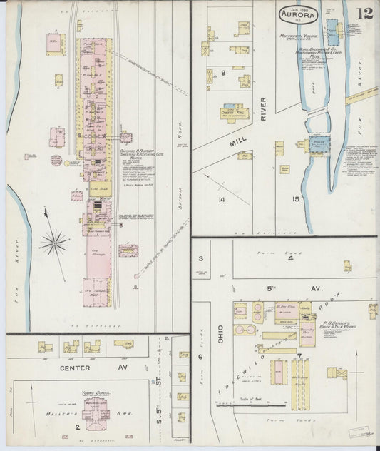 Sanborn Fire Insurance Map from Aurora, Kane County, Illinois (1888), Sheet #0012 - Historic Sanborn Fire Insurance Map Print, vintage old map wall art, antique decor, genealogy gift, Illinois Illinois map