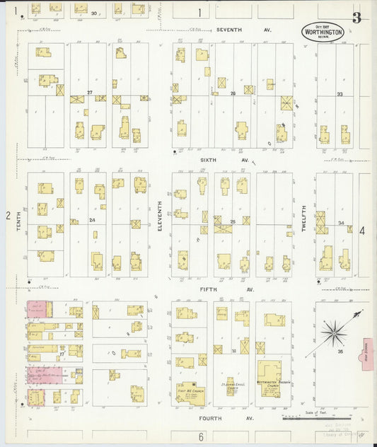 Sanborn Fire Insurance Map from Worthington, Nobles County, Minnesota (1907), Sheet #0003 - Historic Sanborn Fire Insurance Map Print, vintage old map wall art, antique decor, genealogy gift, Minnesota Minnesota map