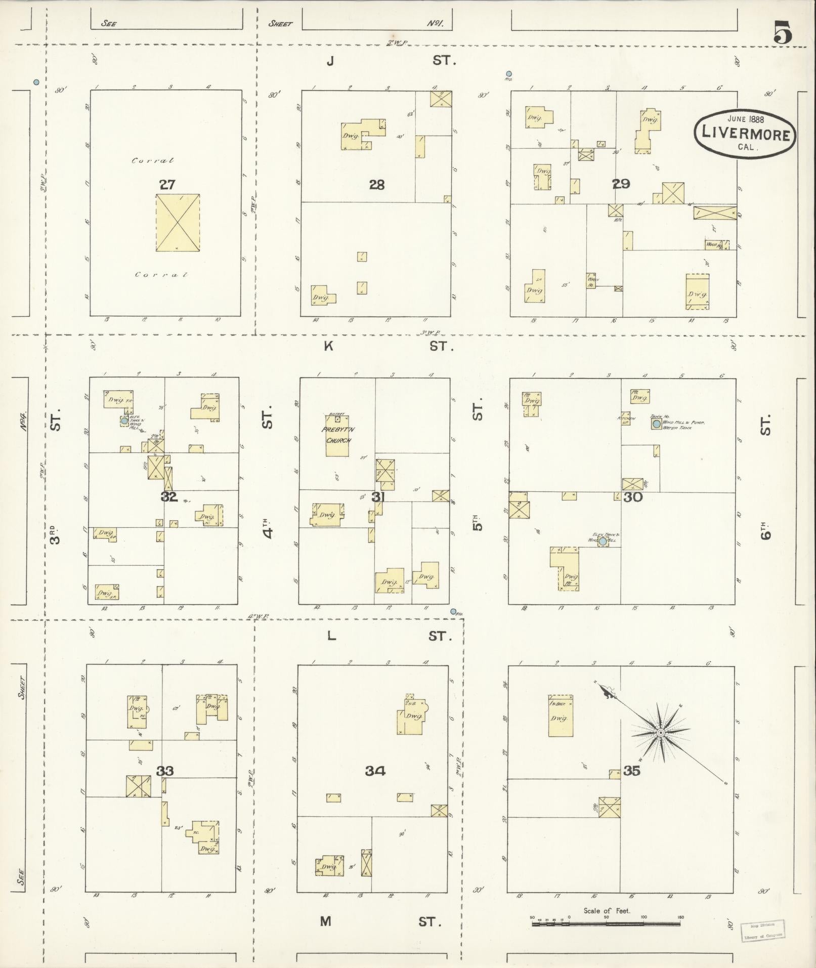 Sanborn Fire Insurance Map from Livermore, Alameda County, California (1888), Sheet #0005 - Historic Sanborn Fire Insurance Map Print, vintage old map wall art, antique decor, genealogy gift, California California map