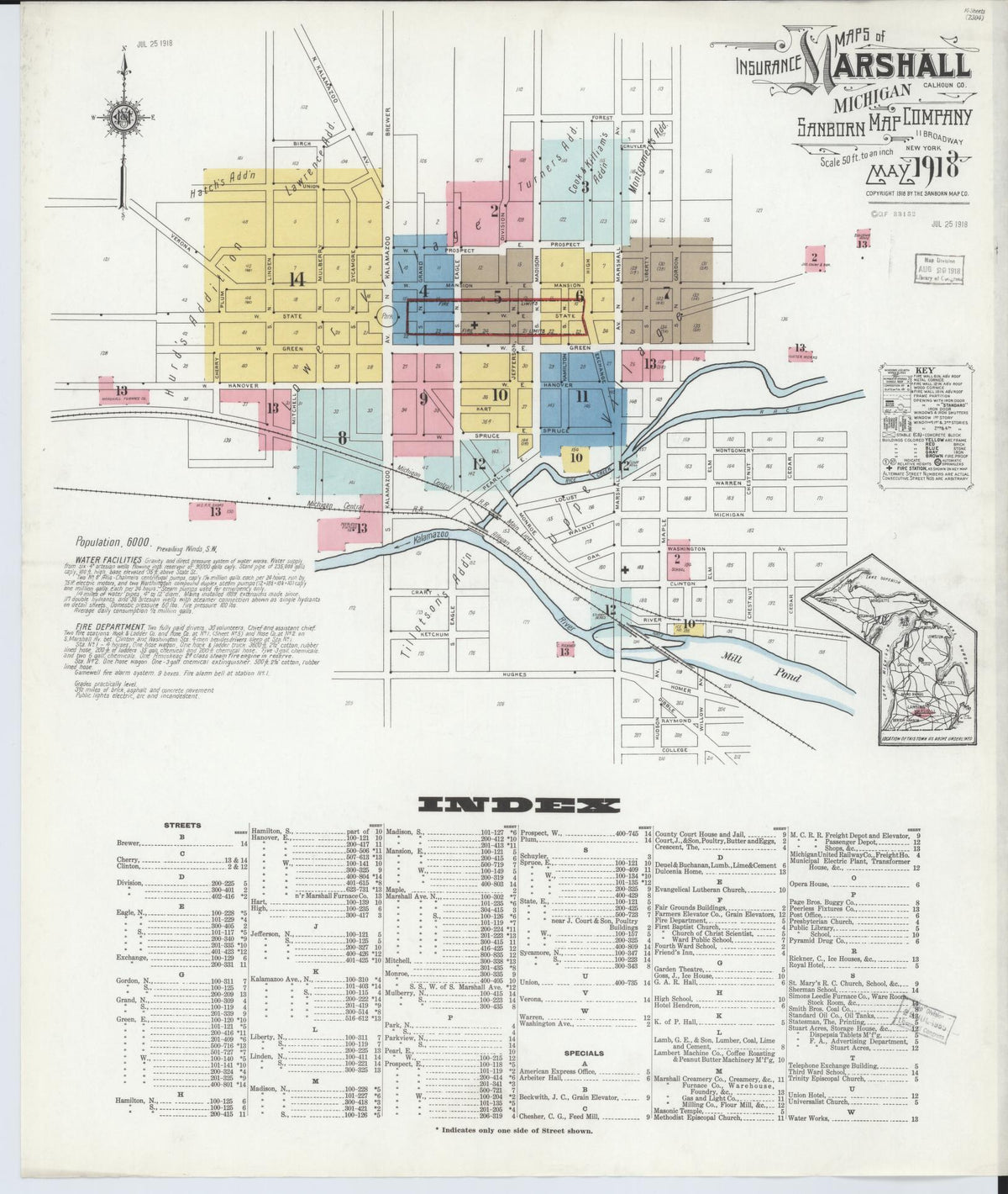 Sanborn Fire Insurance Map from Marshall, Calhoun County, Michigan (1916), Sheet #0001 - Historic Sanborn Fire Insurance Map Print, vintage old map wall art, antique decor, genealogy gift, Michigan Michigan map