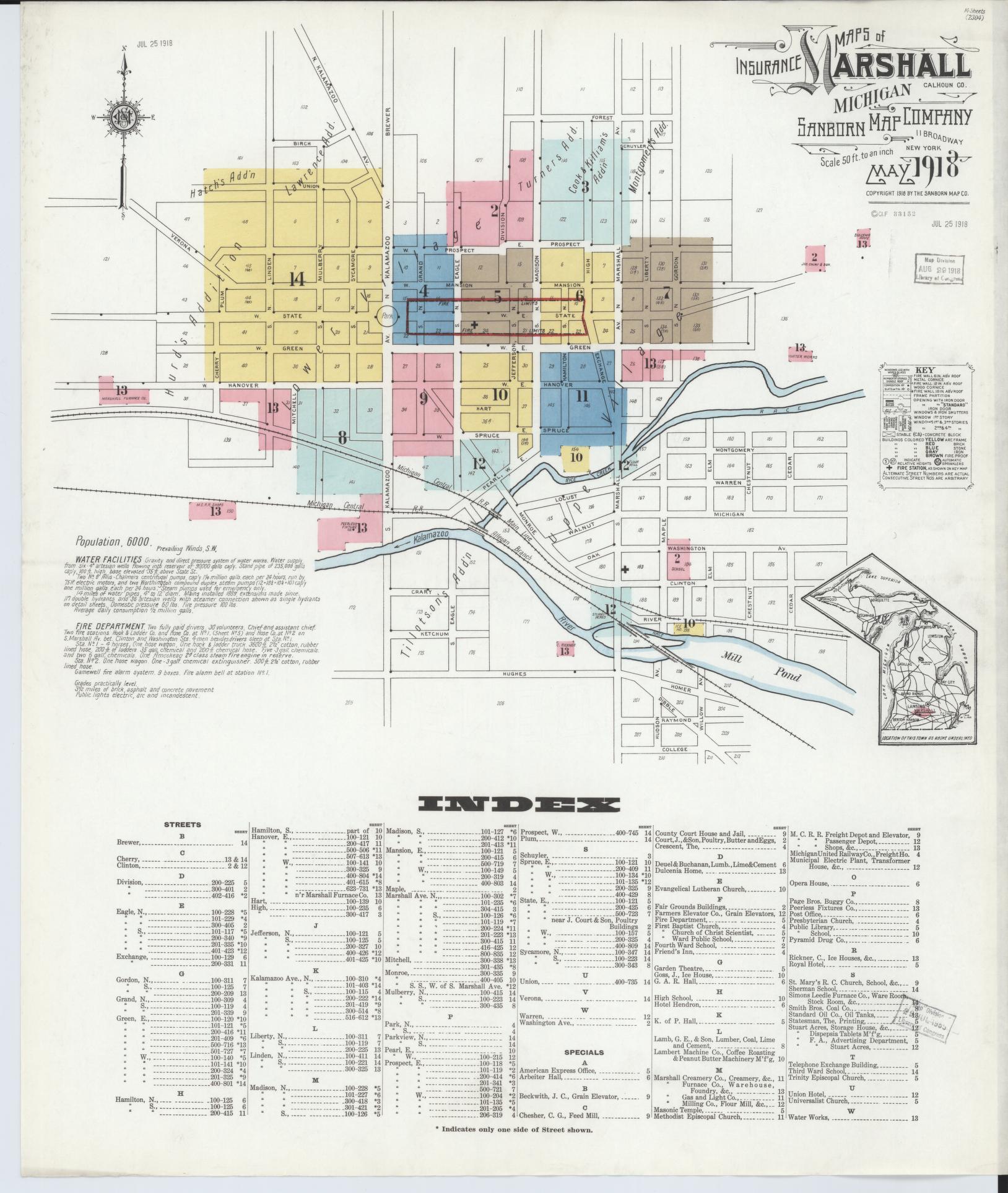 Sanborn Fire Insurance Map from Marshall, Calhoun County, Michigan (1916), Sheet #0001 - Historic Sanborn Fire Insurance Map Print, vintage old map wall art, antique decor, genealogy gift, Michigan Michigan map