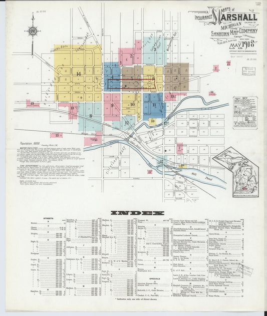 Sanborn Fire Insurance Map from Marshall, Calhoun County, Michigan (1916), Sheet #0001 - Historic Sanborn Fire Insurance Map Print, vintage old map wall art, antique decor, genealogy gift, Michigan Michigan map