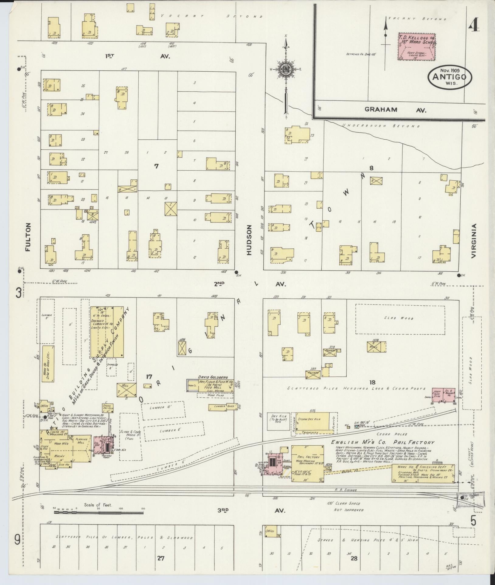 Sanborn Fire Insurance Map from Antigo, Langlade County, Wisconsin (1909), Sheet #0004 - Historic Sanborn Fire Insurance Map Print, vintage old map wall art, antique decor, genealogy gift, Wisconsin Wisconsin map