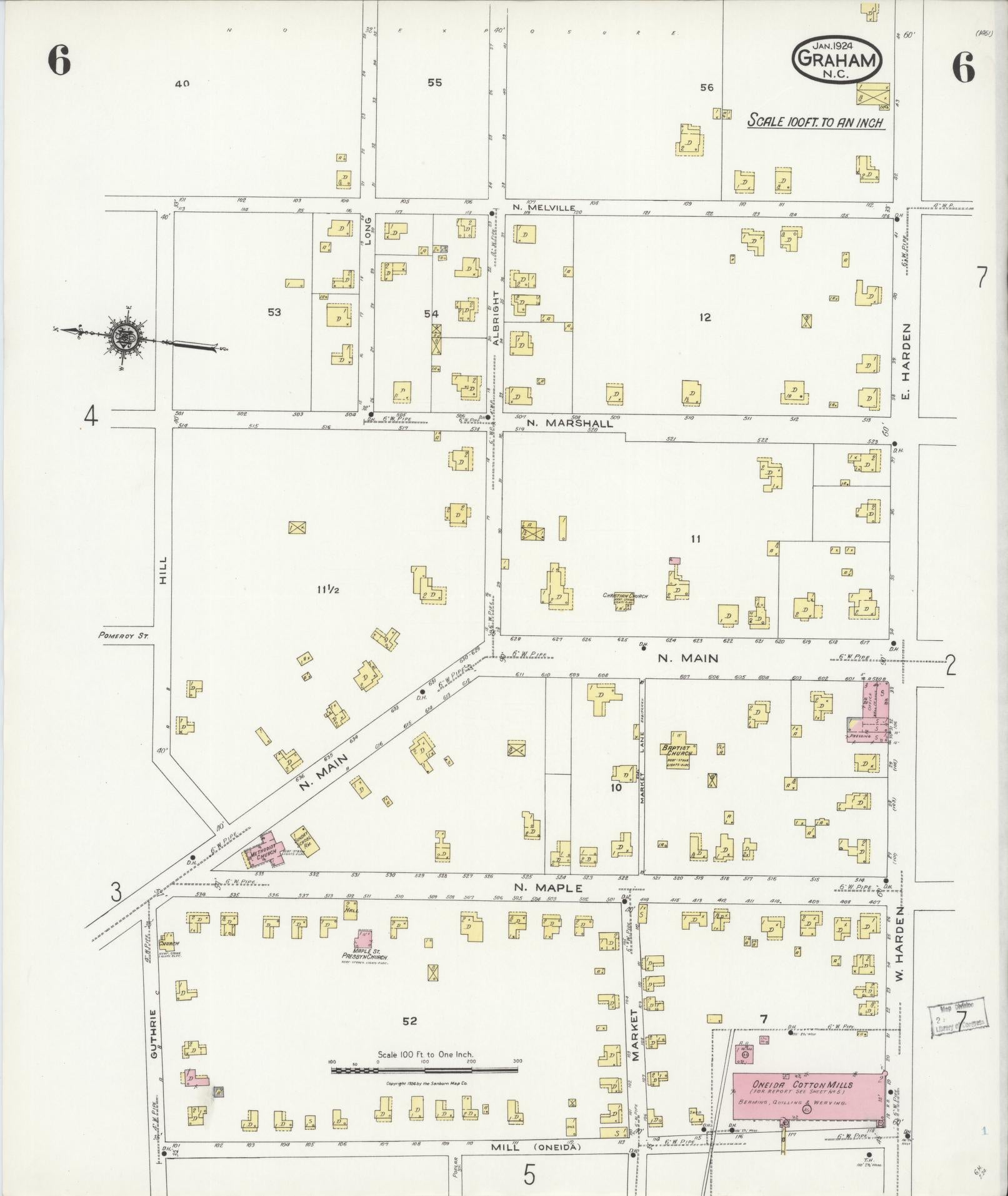 Sanborn Fire Insurance Map from Graham, Alamance County, North Carolina (1924), Sheet #0006 - Historic Sanborn Fire Insurance Map Print, vintage old map wall art, antique decor, genealogy gift, North Carolina North Carolina map