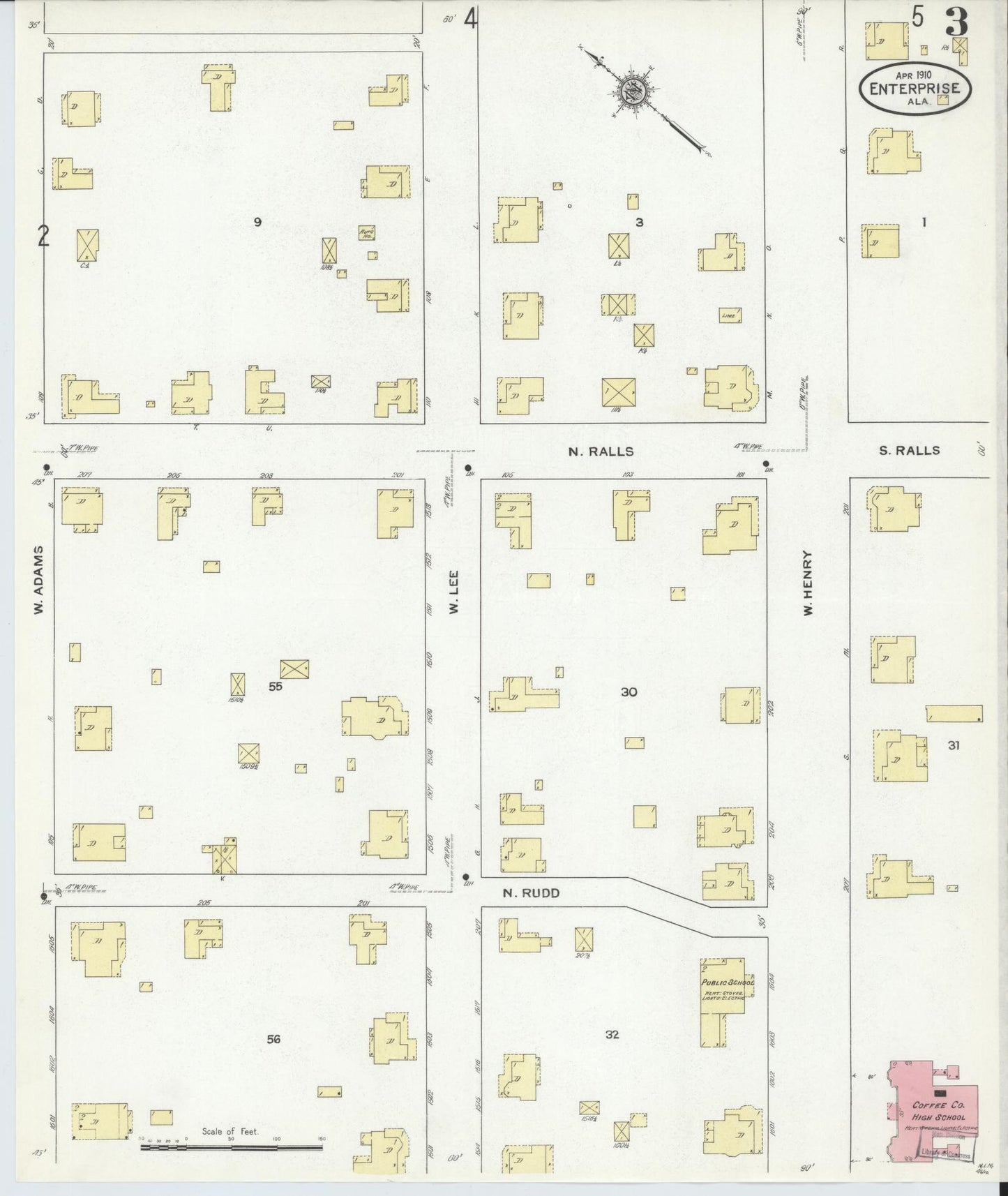 Sanborn Fire Insurance Map from Enterprise, Coffee County, Alabama (1910), Sheet #0003 - Complete Map Set gallery image, historic Sanborn map, vintage wall art, Alabama Alabama