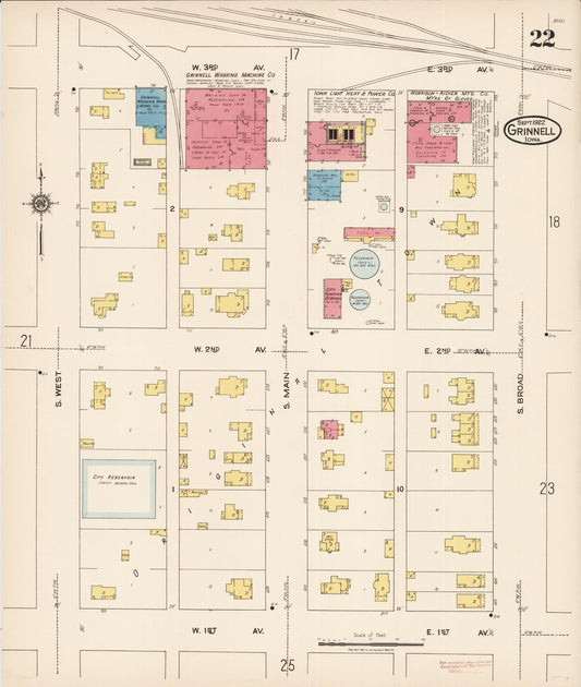 Sanborn Fire Insurance Map from Grinnell, Poweshiek County, Iowa (1922), Sheet #0022 - Historic Sanborn Fire Insurance Map Print, vintage old map wall art