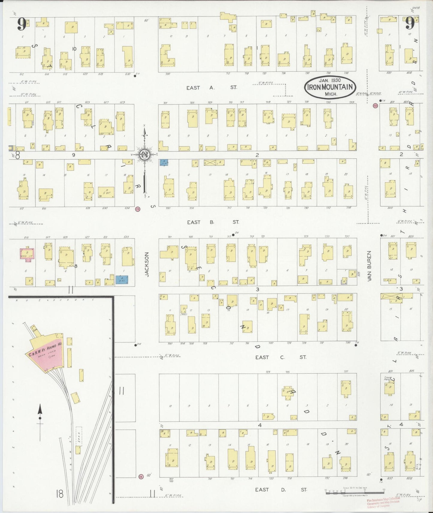 Sanborn Fire Insurance Map from Iron Mountain, Dickinson County, Michigan (1930), Sheet #0009 - Historic Sanborn Fire Insurance Map Print, vintage old map wall art, antique decor, genealogy gift, Michigan Michigan map