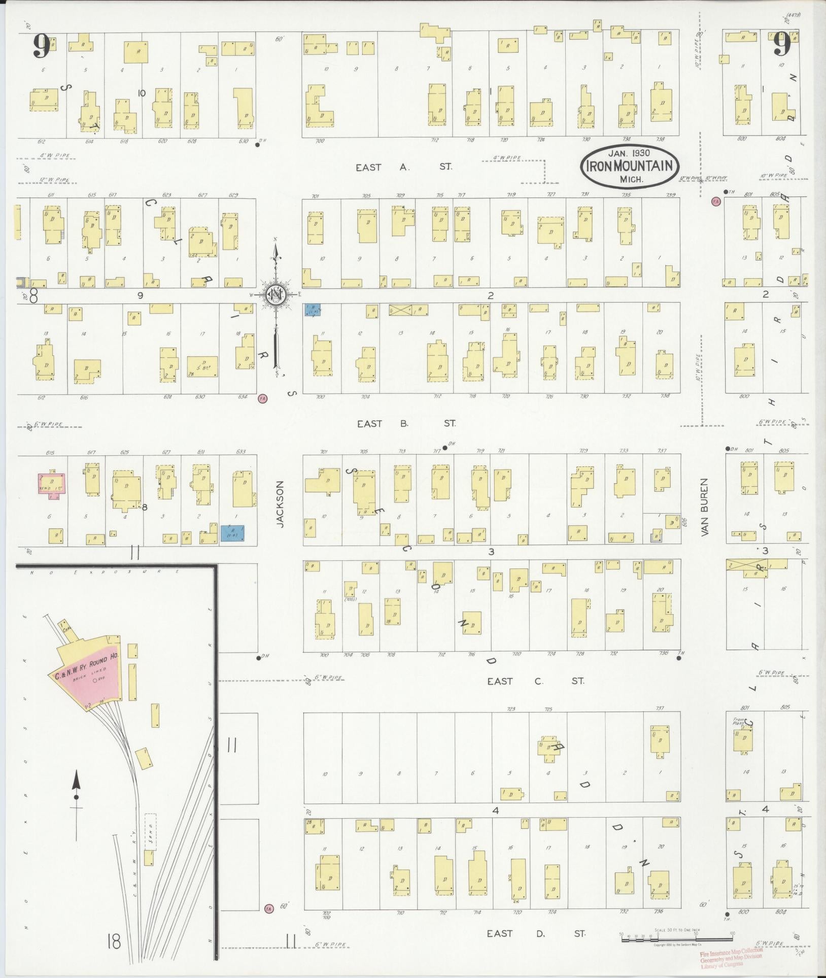 Sanborn Fire Insurance Map from Iron Mountain, Dickinson County, Michigan (1930), Sheet #0009 - Historic Sanborn Fire Insurance Map Print, vintage old map wall art, antique decor, genealogy gift, Michigan Michigan map