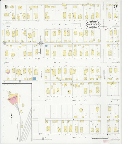 Sanborn Fire Insurance Map from Iron Mountain, Dickinson County, Michigan (1930), Sheet #0009 - Historic Sanborn Fire Insurance Map Print, vintage old map wall art, antique decor, genealogy gift, Michigan Michigan map