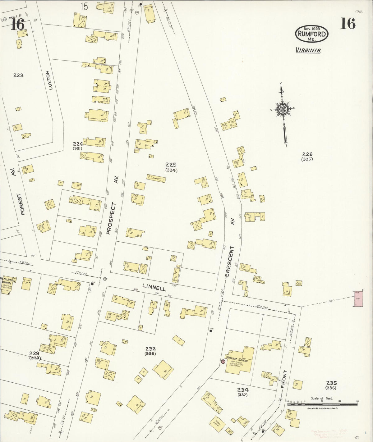 Sanborn Fire Insurance Map from Rumford, Oxford County, Maine (1923), Sheet #0016 - Complete Map Set gallery image, historic Sanborn map, vintage wall art, Maine Maine