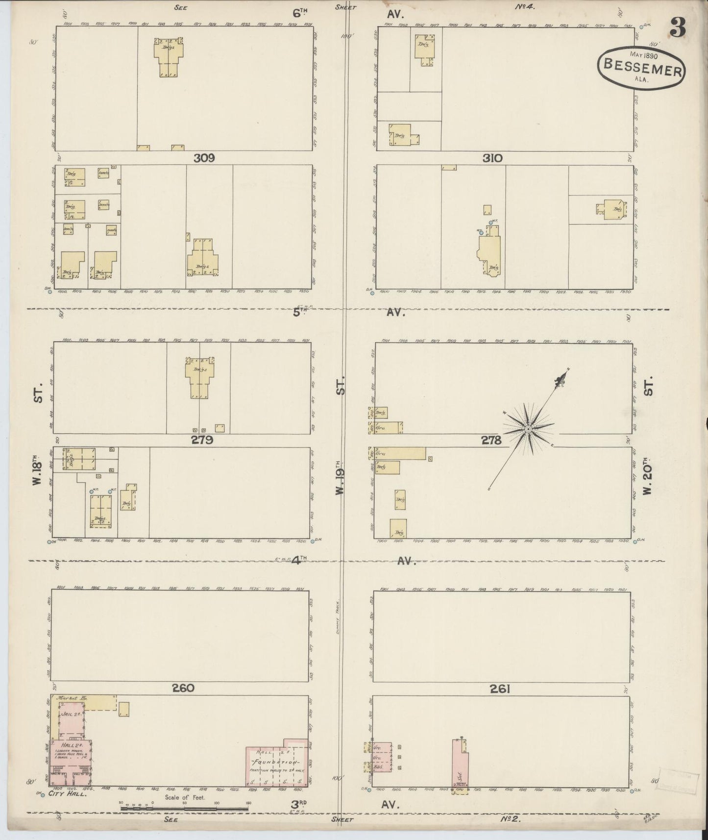Sanborn Fire Insurance Map from Bessemer, Jefferson County, Alabama (1890), Sheet #0003 - Historic Sanborn Fire Insurance Map Print, vintage old map wall art, antique decor, genealogy gift, Alabama Alabama map