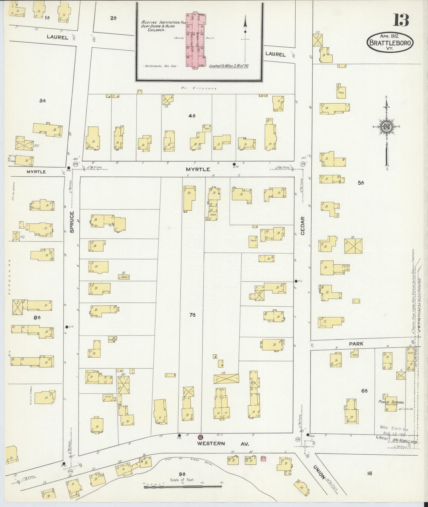 Sanborn Fire Insurance Map from Brattleboro, Windham County, Vermont (1912), Sheet #0013 - Historic Sanborn Fire Insurance Map Print, vintage old map wall art, antique decor, genealogy gift, Vermont Vermont map