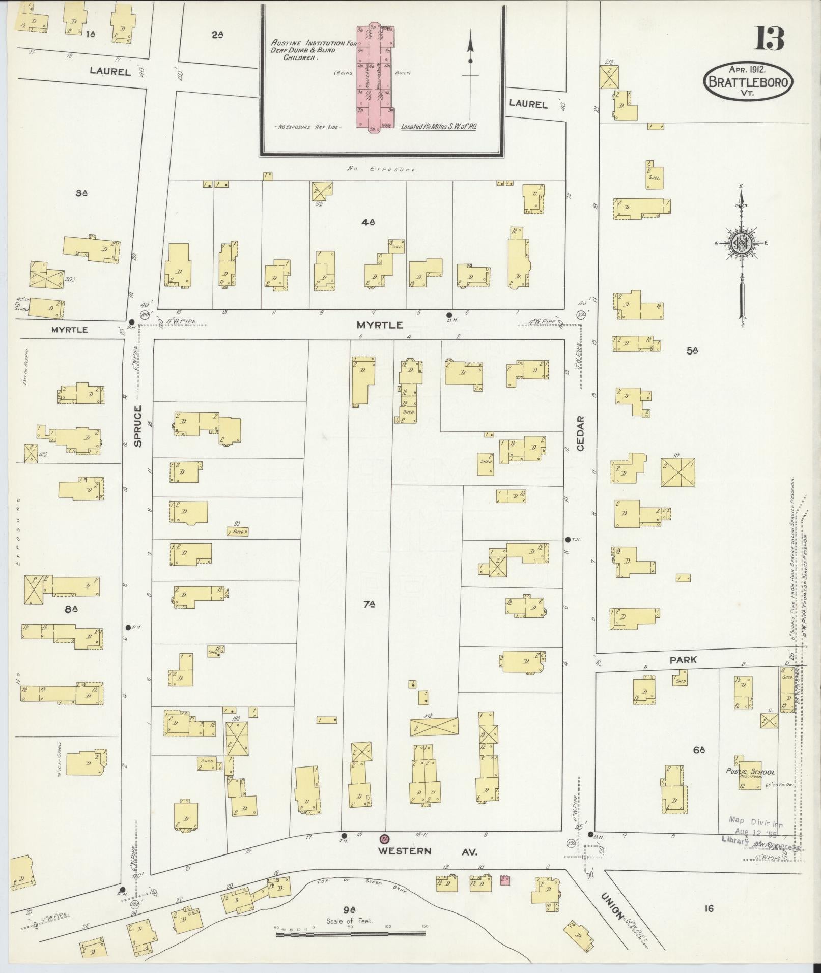 Sanborn Fire Insurance Map from Brattleboro, Windham County, Vermont (1912), Sheet #0013 - Historic Sanborn Fire Insurance Map Print, vintage old map wall art, antique decor, genealogy gift, Vermont Vermont map