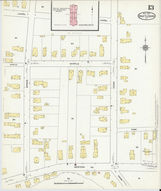 Sanborn Fire Insurance Map from Brattleboro, Windham County, Vermont (1912), Sheet #0013 - Historic Sanborn Fire Insurance Map Print, vintage old map wall art, antique decor, genealogy gift, Vermont Vermont map