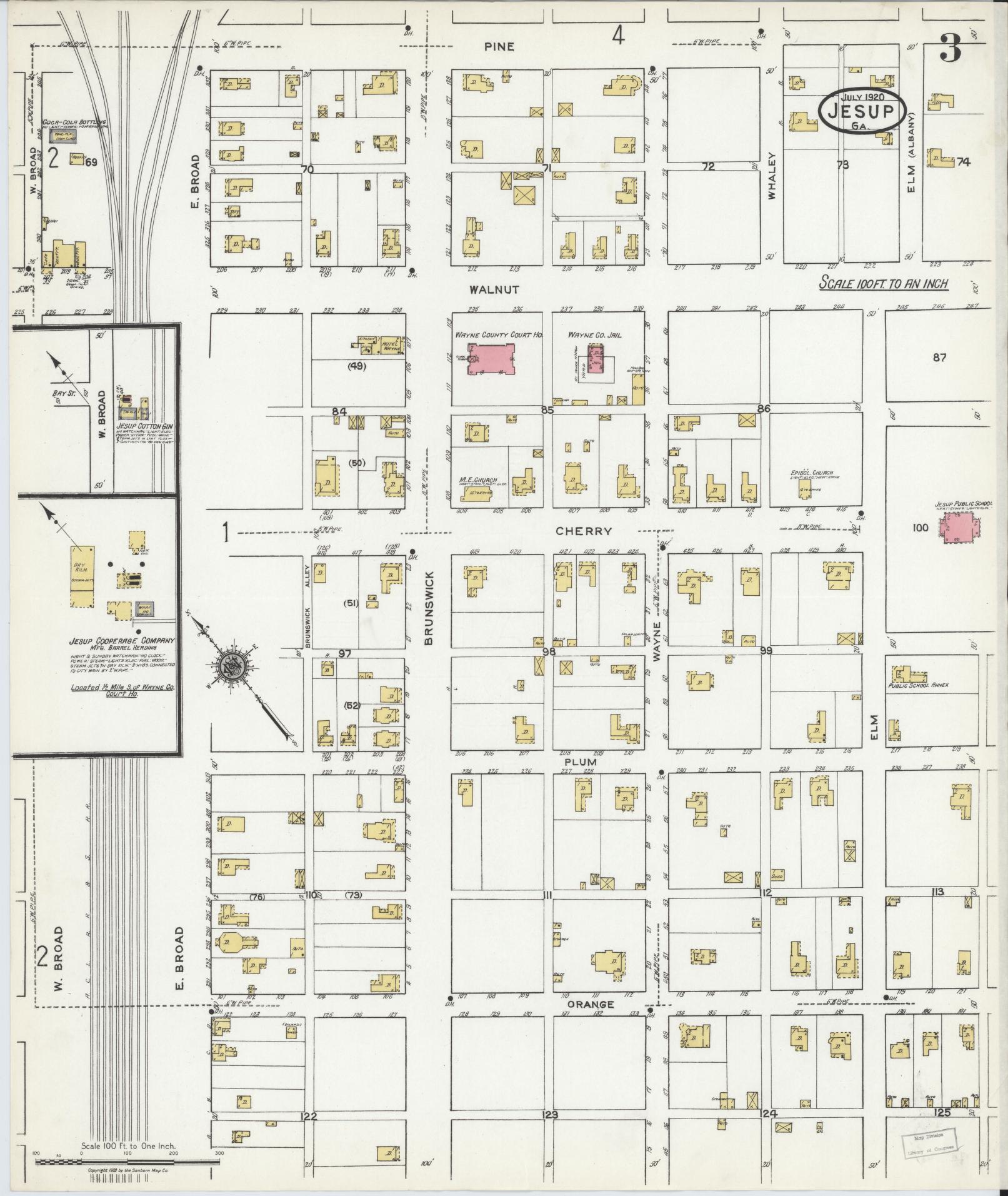 Sanborn Fire Insurance Map from Jesup, Wayne County, Georgia (1920), Sheet #0003 - Historic Sanborn Fire Insurance Map Print, vintage old map wall art, antique decor, genealogy gift, Georgia Georgia map