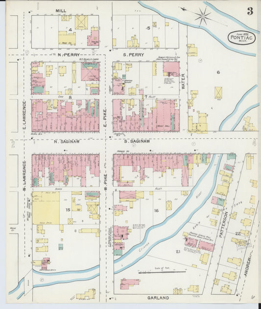 Sanborn Fire Insurance Map from Pontiac, Oakland County, Michigan (1892), Sheet #0003 - Historic Sanborn Fire Insurance Map Print, vintage old map wall art, antique decor, genealogy gift, Michigan Michigan map