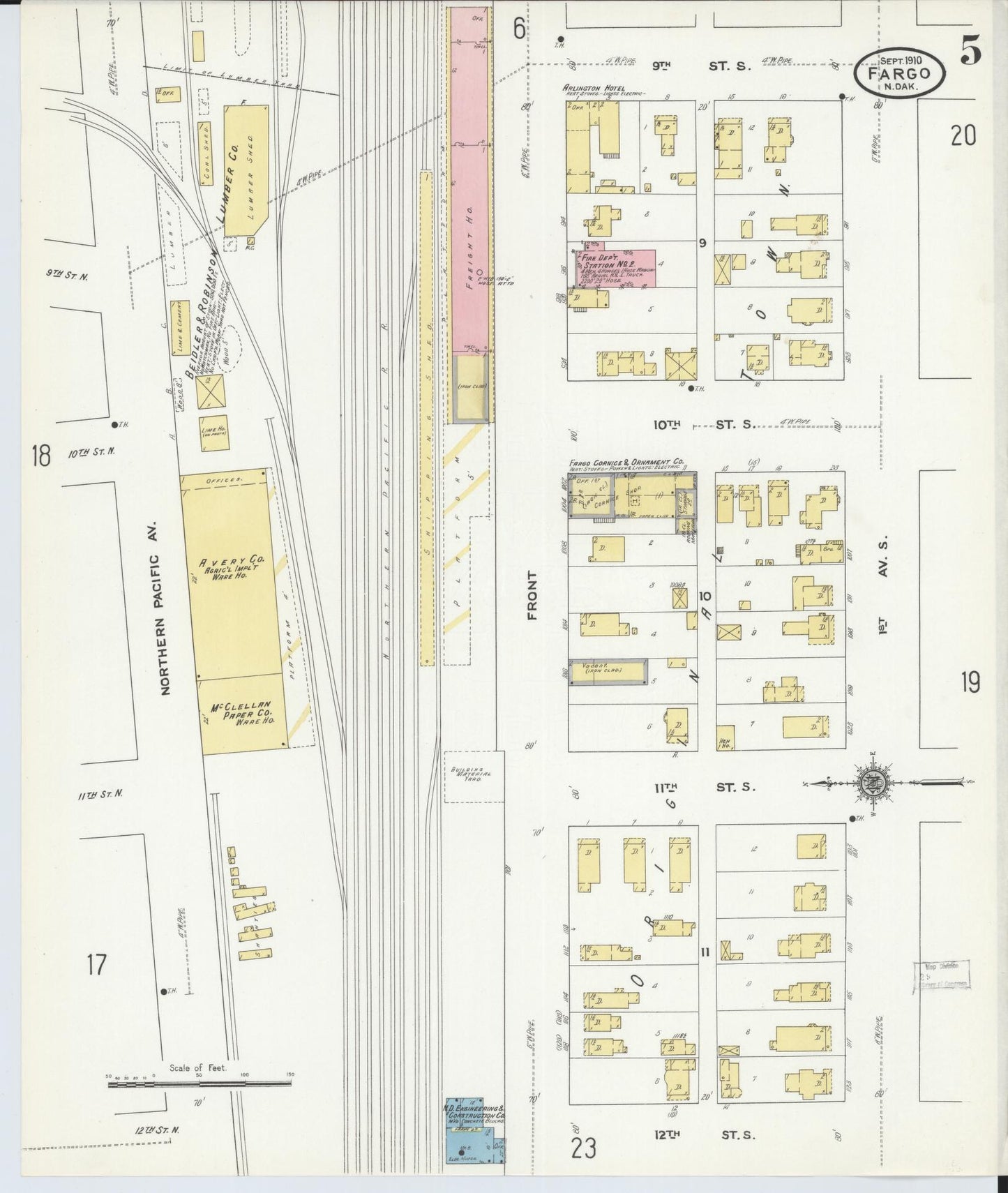Sanborn Fire Insurance Map from Fargo, Cass County, North Dakota (1910), Sheet #0005 - Complete Map Set gallery image, historic Sanborn map, vintage wall art, North Dakota North Dakota