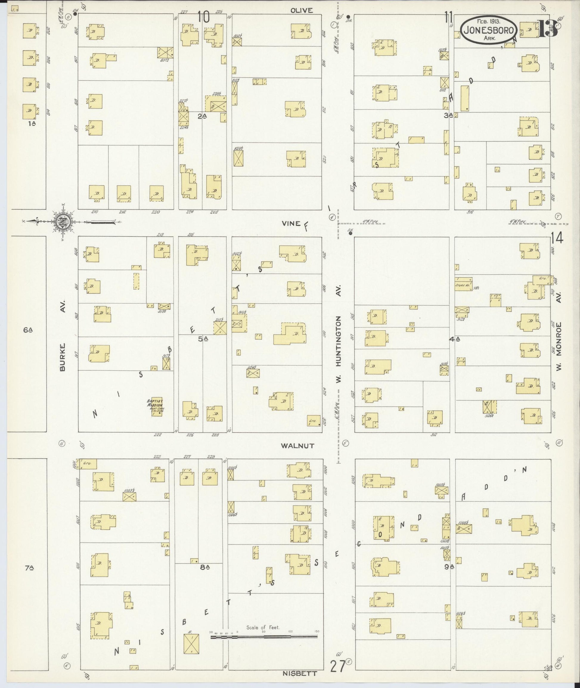 Sanborn Fire Insurance Map from Jonesboro, Craighead County, Arkansas (1913), Sheet #0013 - Historic Sanborn Fire Insurance Map Print, vintage old map wall art, antique decor, genealogy gift, Arkansas Arkansas map