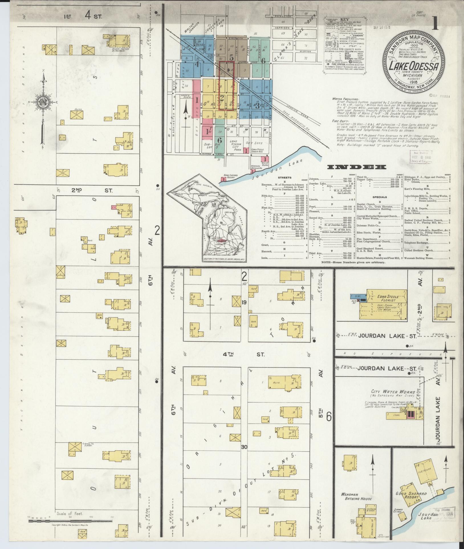 Sanborn Fire Insurance Map from Lake Odessa, Ionia County, Michigan (1918), Sheet #0001 - Complete Map Set gallery image, historic Sanborn map, vintage wall art, Michigan Michigan