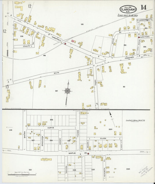 Sanborn Fire Insurance Map from Claremont, Sullivan County, New Hampshire (1918), Sheet #0014 - Historic Sanborn Fire Insurance Map Print, vintage old map wall art, antique decor, genealogy gift, New Hampshire New Hampshire map