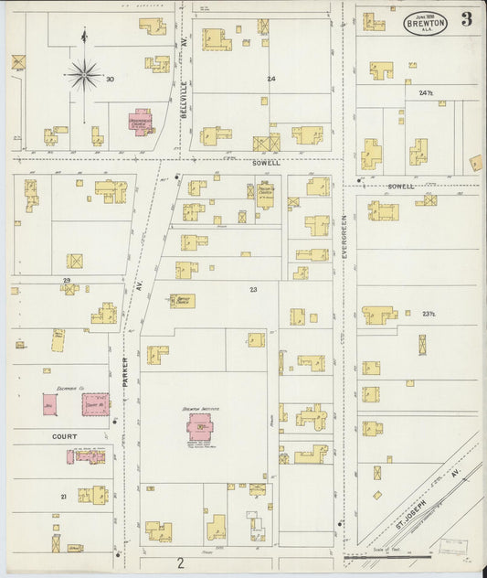 Sanborn Fire Insurance Map from Brewton, Escambia County, Alabama (1898), Sheet #0003 - Historic Sanborn Fire Insurance Map Print, vintage old map wall art, antique decor, genealogy gift, Alabama Alabama map