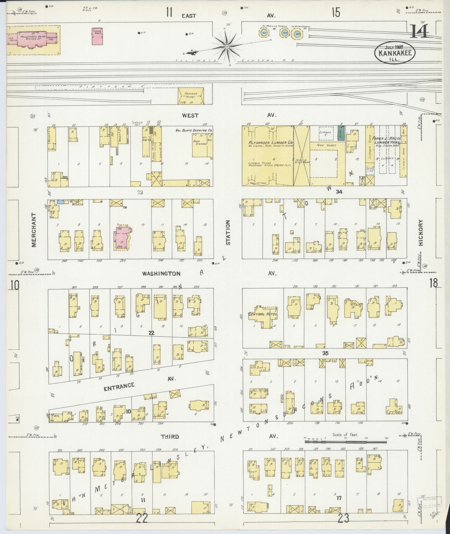 Sanborn Fire Insurance Map from Kankakee, Kankakee County, Illinois (1907), Sheet #0014 - Historic Sanborn Fire Insurance Map Print, vintage old map wall art, antique decor, genealogy gift, Illinois Illinois map