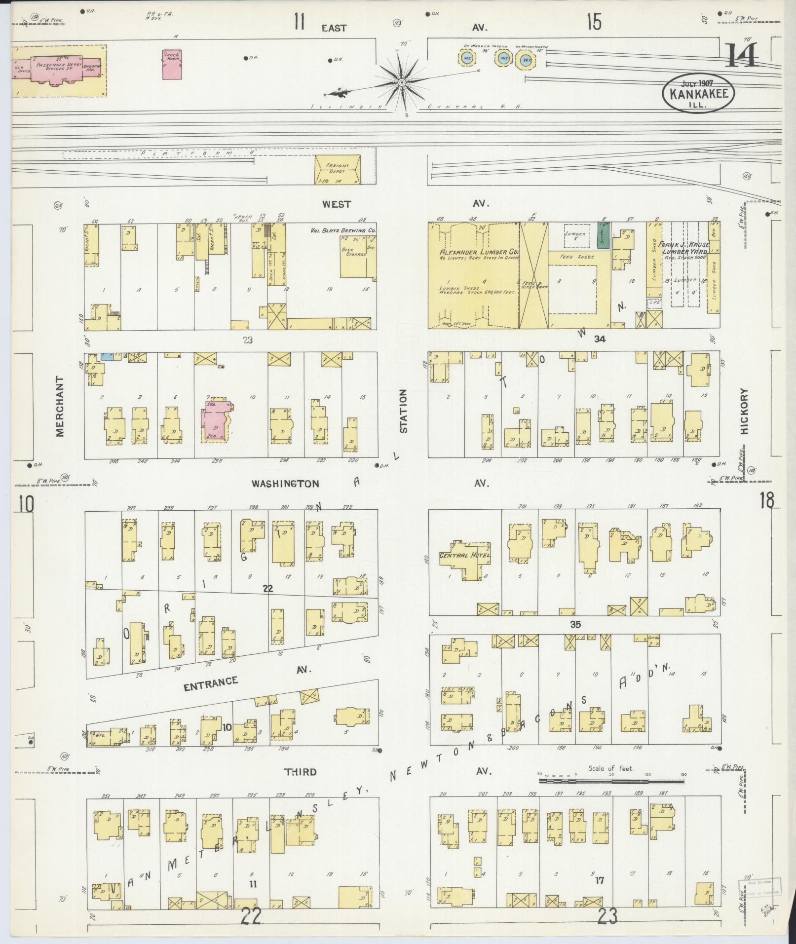 Sanborn Fire Insurance Map from Kankakee, Kankakee County, Illinois (1907), Sheet #0014 - Historic Sanborn Fire Insurance Map Print, vintage old map wall art, antique decor, genealogy gift, Illinois Illinois map