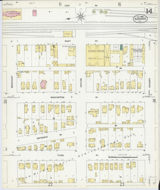 Sanborn Fire Insurance Map from Kankakee, Kankakee County, Illinois (1907), Sheet #0014 - Historic Sanborn Fire Insurance Map Print, vintage old map wall art, antique decor, genealogy gift, Illinois Illinois map