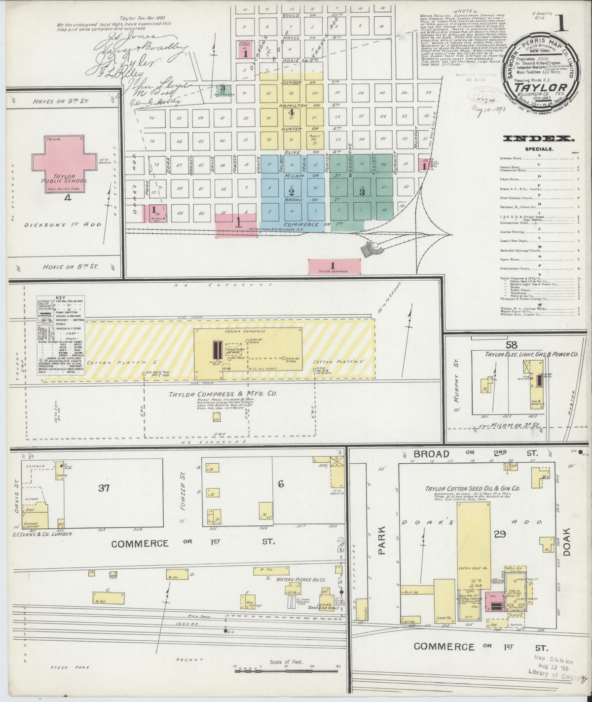 Sanborn Fire Insurance Map from Taylor, Williamson County, Texas (1893), Sheet #0001 - Historic Sanborn Fire Insurance Map Print, vintage old map wall art, antique decor, genealogy gift, Texas Texas map