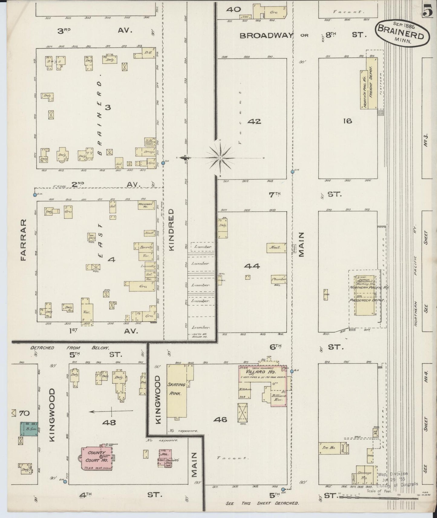Sanborn Fire Insurance Map from Brainerd, Crow Wing County, Minnesota (1885), Sheet #0005 - Complete Map Set gallery image, historic Sanborn map, vintage wall art, Minnesota Minnesota