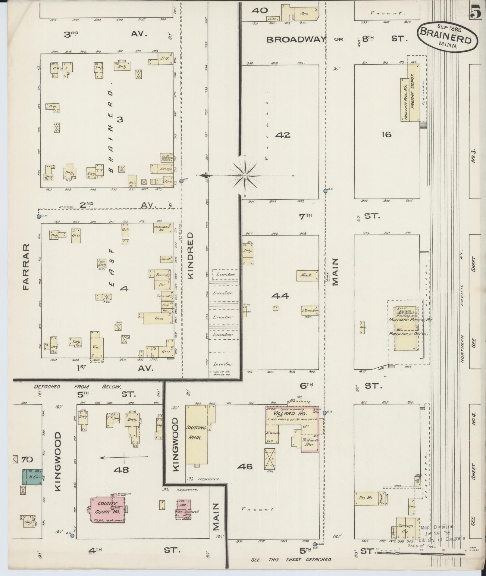 Sanborn Fire Insurance Map from Brainerd, Crow Wing County, Minnesota (1885), Sheet #0005 - Complete Map Set gallery image, historic Sanborn map, vintage wall art, Minnesota Minnesota