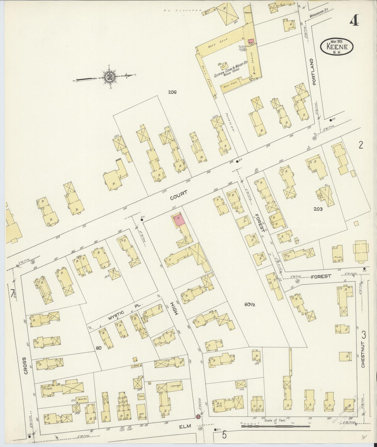 Sanborn Fire Insurance Map from Keene, Cheshire County, New Hampshire (1913), Sheet #0004 - Historic Sanborn Fire Insurance Map Print, vintage old map wall art, antique decor, genealogy gift, New Hampshire New Hampshire map
