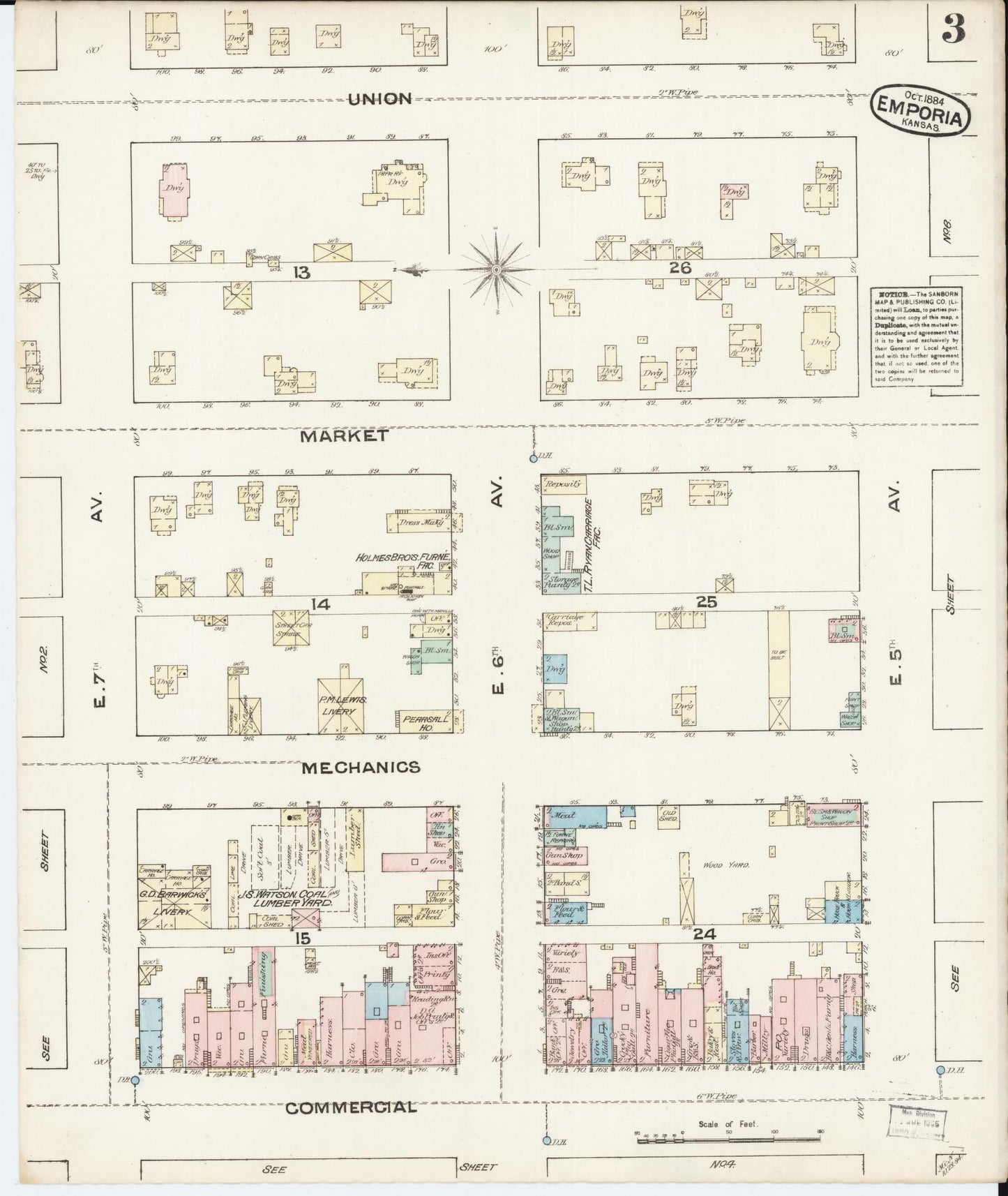 Sanborn Fire Insurance Map from Emporia, Lyon County, Kansas (1884), Sheet #0003 - Complete Map Set gallery image, historic Sanborn map, vintage wall art, Kansas Kansas